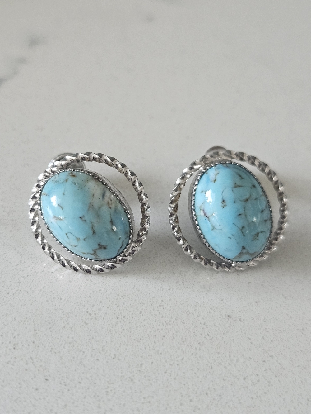 Vintage MCM Turquoise Stone Sterling Silver Screwback Earrings